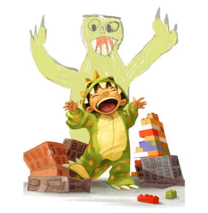 Illustration of a boy in a monster costume destroying a cardboard city