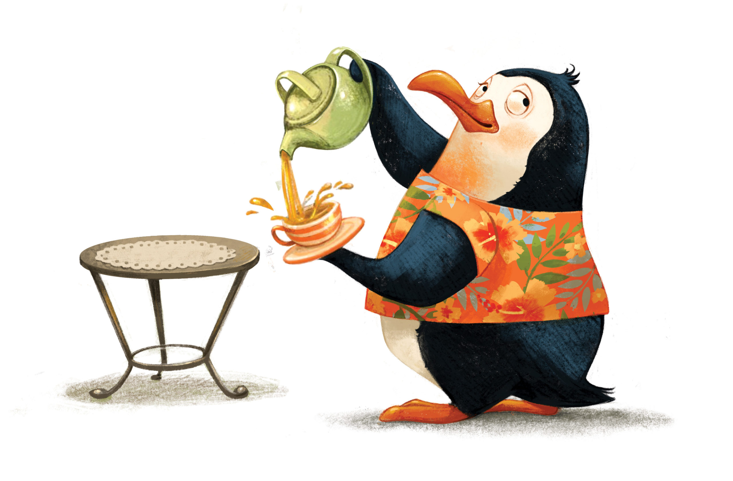 Illustration of a penguin pouring tea